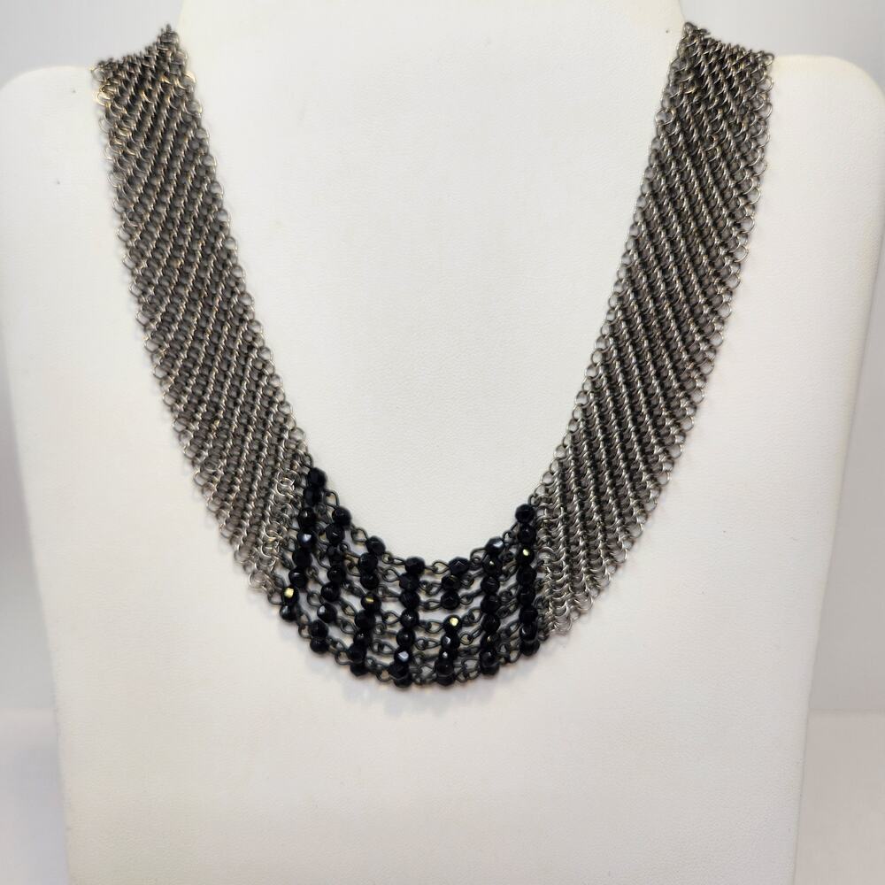 Chainmail Silver Tone Metal Black Crystal Collar Necklace Adjustable Goth Vamp